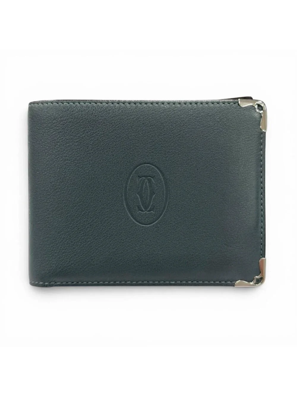 Cartier Leather Must Ducartier Logo Billfold Bifold Wallet Navy Silver